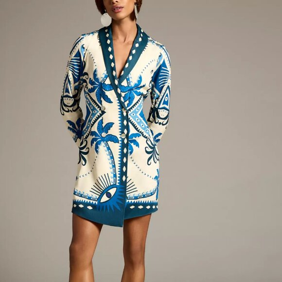 Farm Rio Long-Sleeve Blazer Mini Dress Blue White size XS - Picture 1 of 5